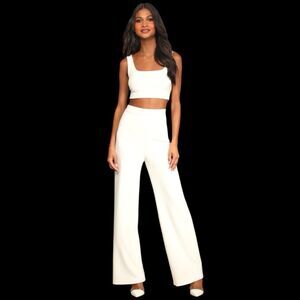 Lulus Only Tonight Jumpsuit Womens Small Ivory Two Piece Wide Leg Cocktail Vacay